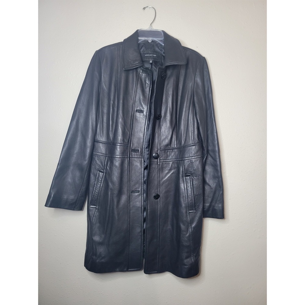 Vintage Jones New York‎ Women's Genuine Black Leather Jacket Sz Large Button Up
